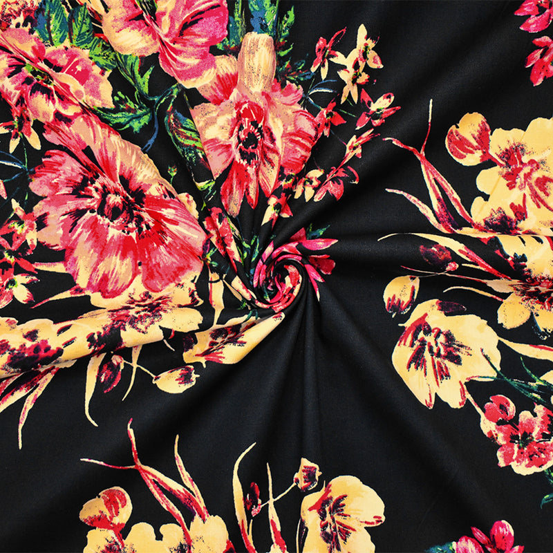 Black-Red-Multi Cotton Floral Print Stretch Spandex Poplin Woven Fabric