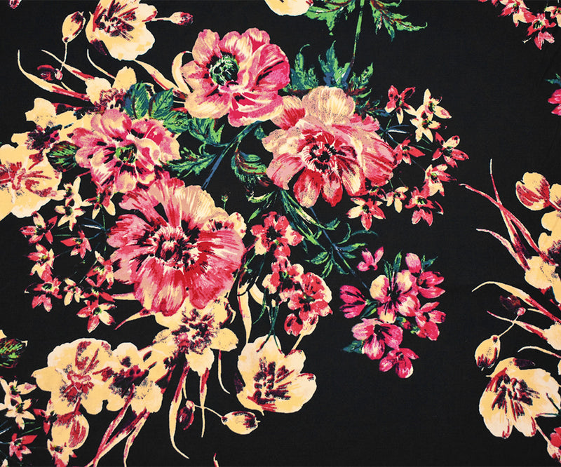 Black-Red-Multi Cotton Floral Print Stretch Spandex Poplin Woven Fabric
