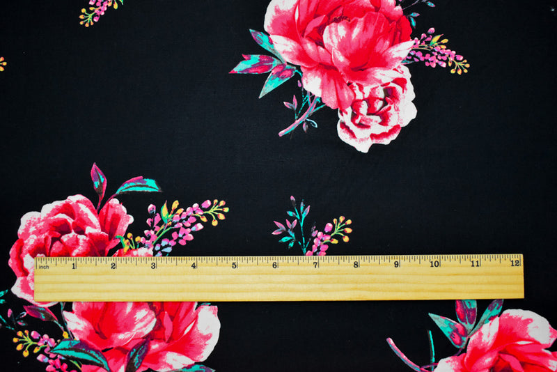 Black-Pink-Teal Cotton Floral Print Stretch Spandex Poplin Woven Fabric
