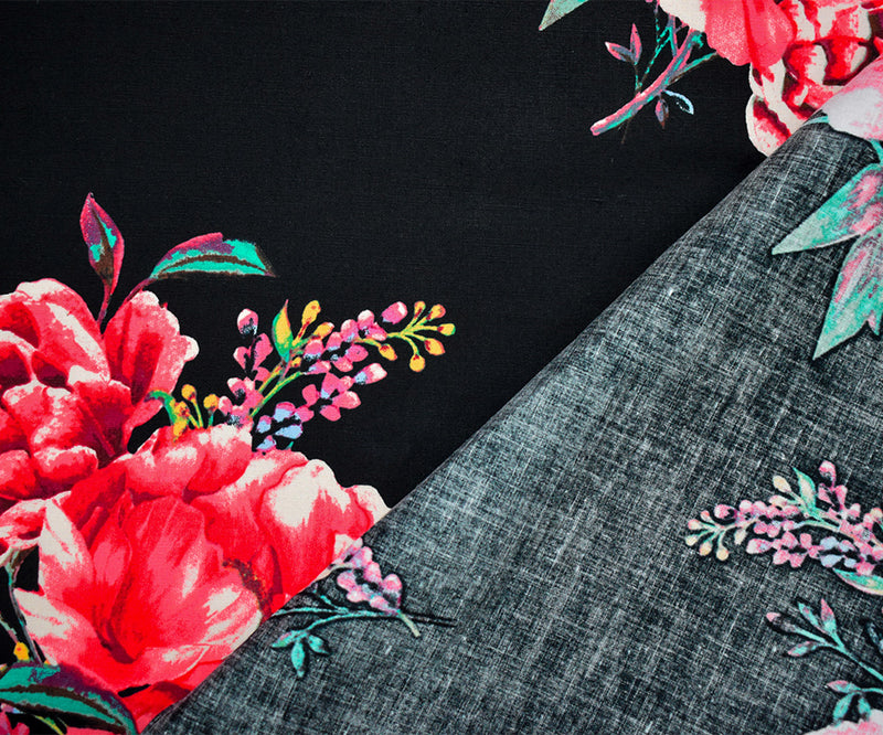Black-Pink-Teal Cotton Floral Print Stretch Spandex Poplin Woven Fabric