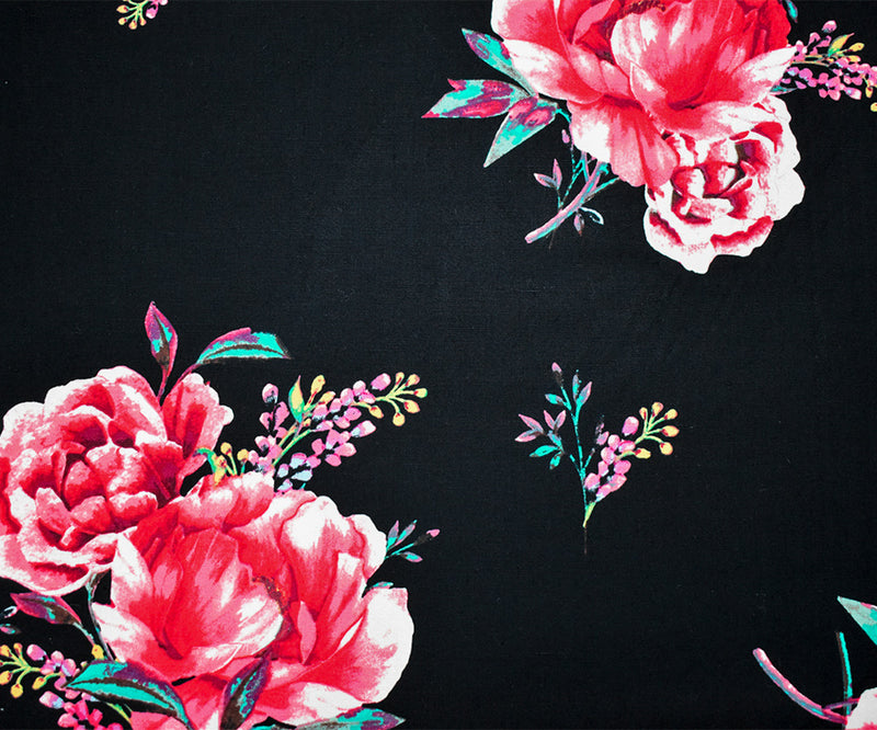 Black-Pink-Teal Cotton Floral Print Stretch Spandex Poplin Woven Fabric