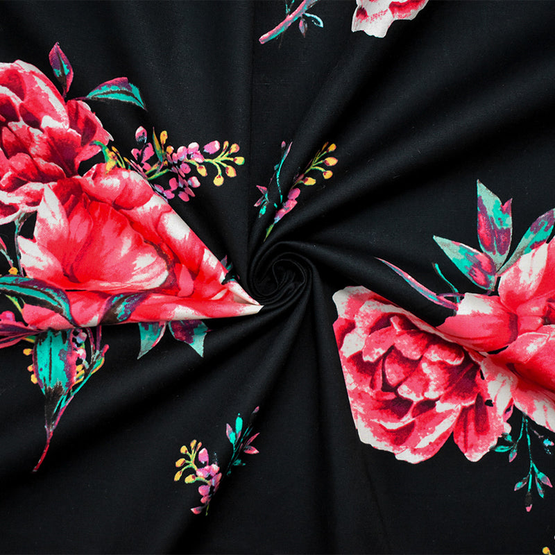 Black-Pink-Teal Cotton Floral Print Stretch Spandex Poplin Woven Fabric