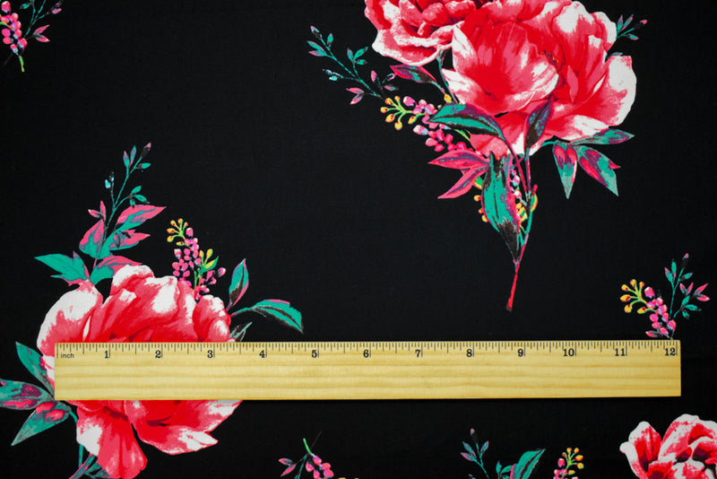 Pink-Black-Multi Cotton Floral Print Stretch Spandex Poplin Woven Fabric
