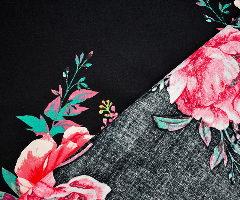 Pink-Black-Multi Cotton Floral Print Stretch Spandex Poplin Woven Fabric