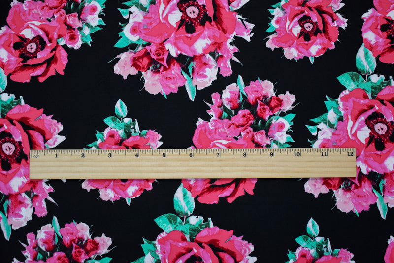 Black-Green-Pink Cotton Floral Print Stretch Spandex Poplin Woven Fabric