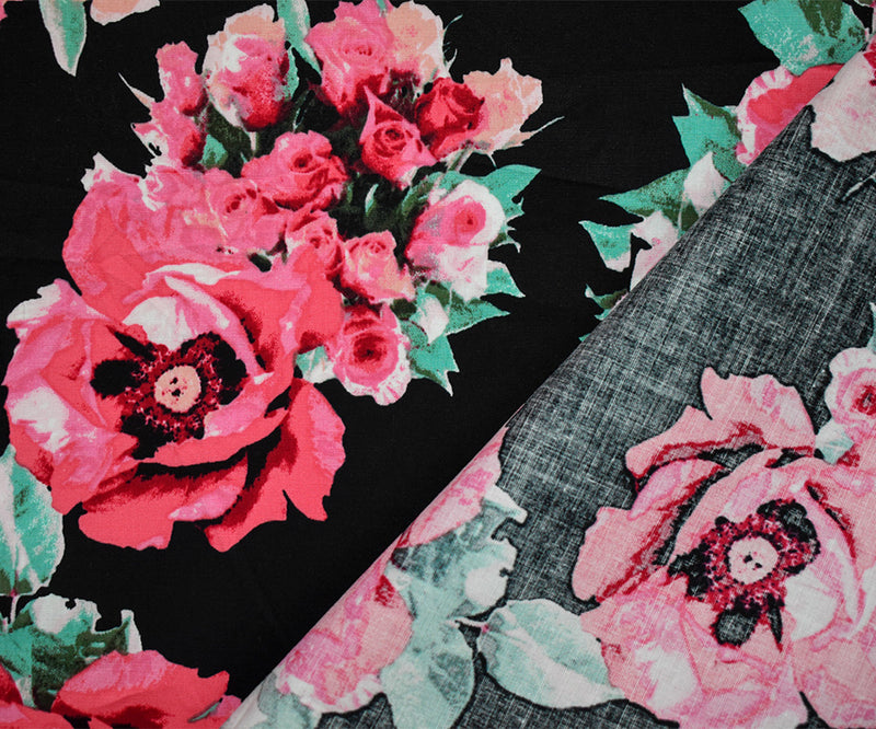 Black-Green-Pink Cotton Floral Print Stretch Spandex Poplin Woven Fabric