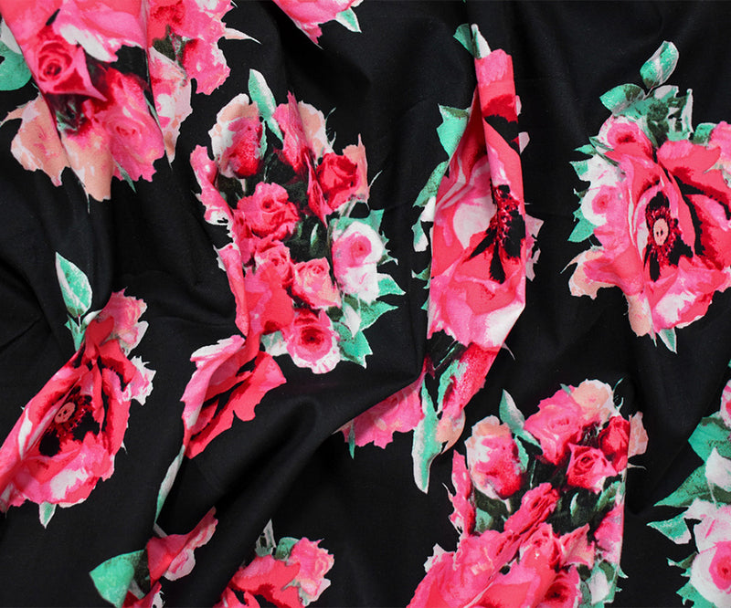 Black-Green-Pink Cotton Floral Print Stretch Spandex Poplin Woven Fabric