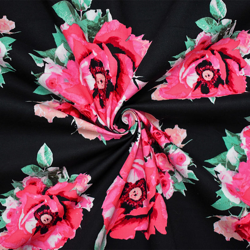 Black-Green-Pink Cotton Floral Print Stretch Spandex Poplin Woven Fabric
