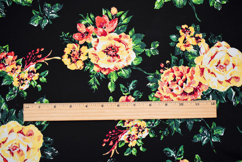 Black-Yellow-Multi Cotton Stretch Spandex Floral Printed Poplin Woven Fabric