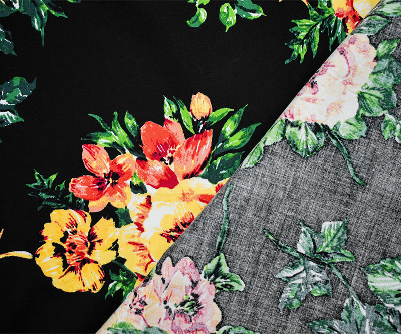 Black-Yellow-Multi Cotton Stretch Spandex Floral Printed Poplin Woven Fabric