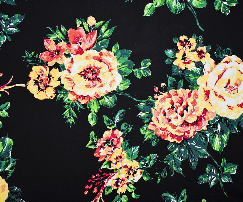 Black-Yellow-Multi Cotton Stretch Spandex Floral Printed Poplin Woven Fabric