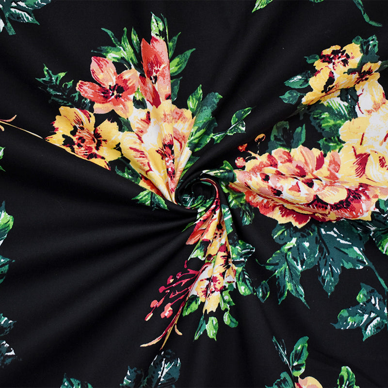 Black-Yellow-Multi Cotton Stretch Spandex Floral Printed Poplin Woven Fabric