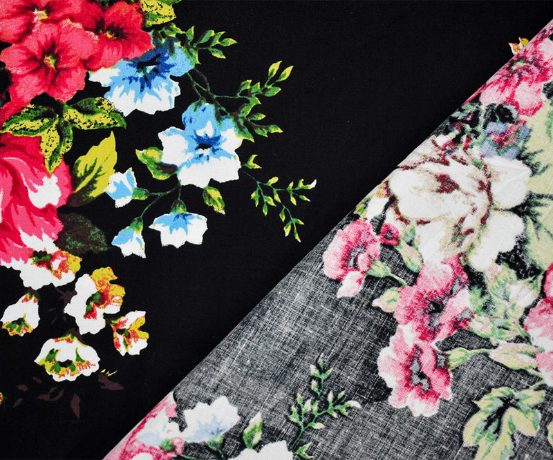 Black-Red-Blue Cotton Stretch Spandex Floral Print Poplin Woven Fabric