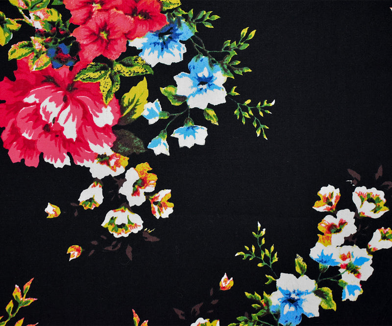 Black-Red-Blue Cotton Stretch Spandex Floral Print Poplin Woven Fabric