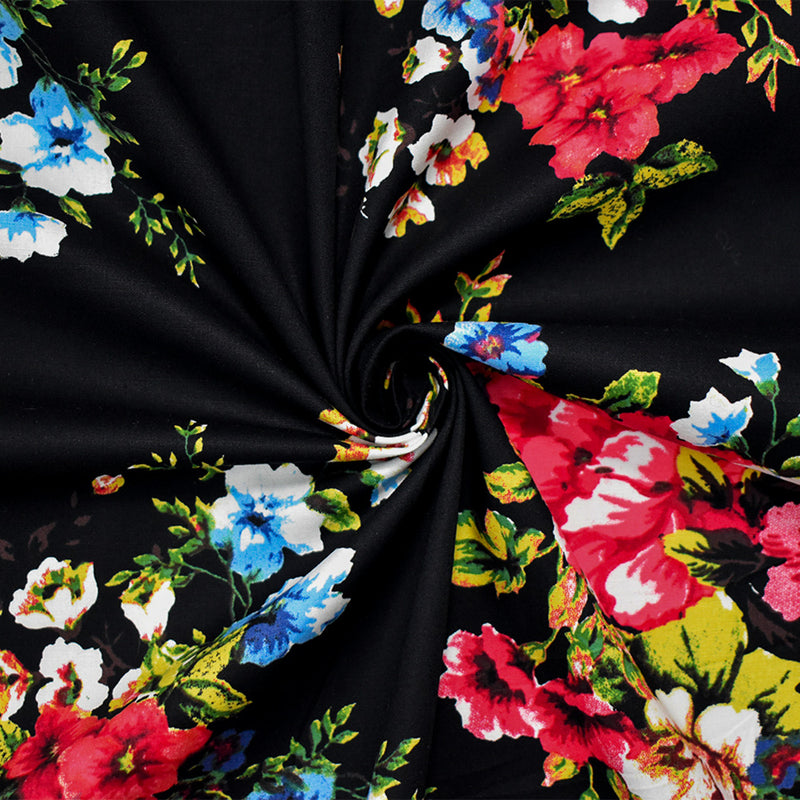 Black-Red-Blue Cotton Stretch Spandex Floral Print Poplin Woven Fabric