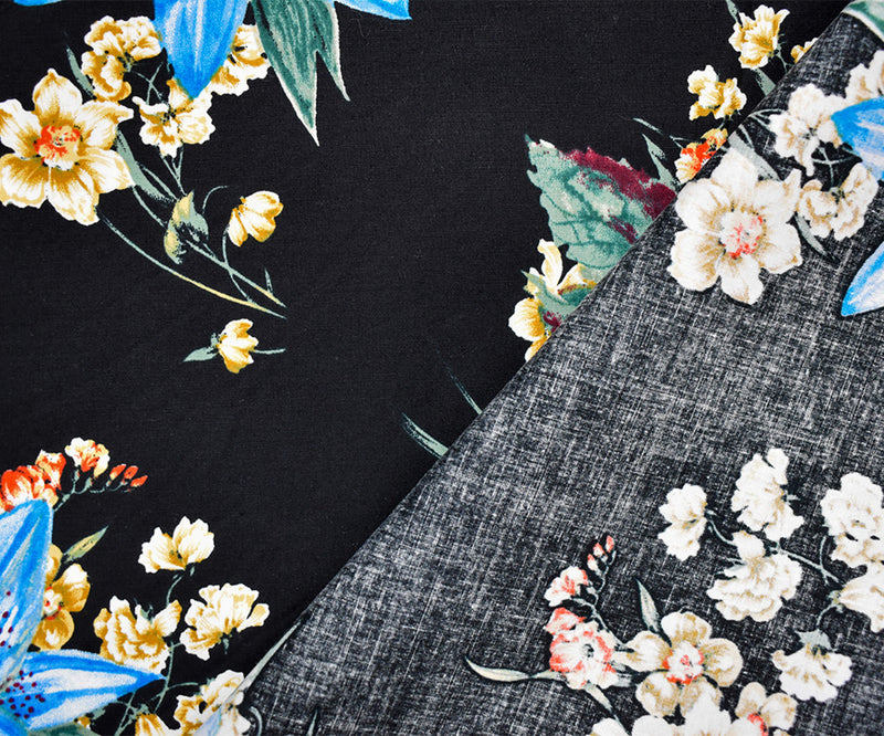 Black-Blue-Multi Cotton Stretch Spandex Floral Print Poplin Woven Fabric