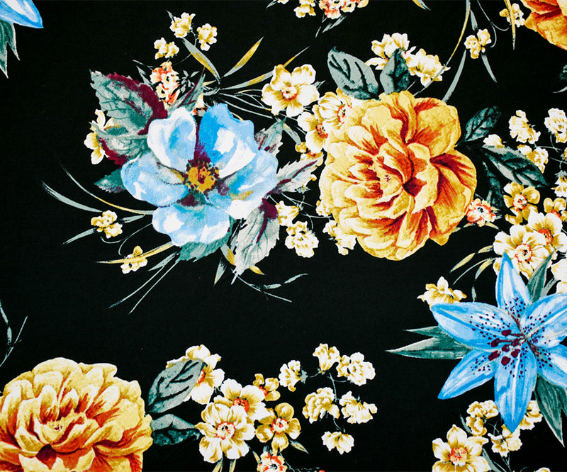 Black-Blue-Multi Cotton Stretch Spandex Floral Print Poplin Woven Fabric