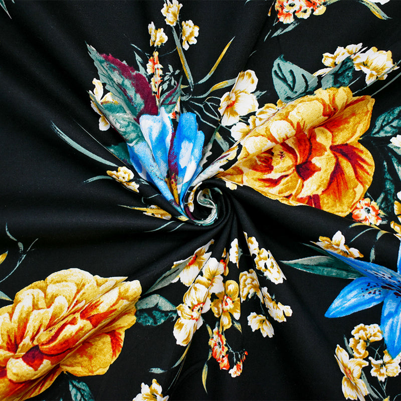 Black-Blue-Multi Cotton Stretch Spandex Floral Print Poplin Woven Fabric