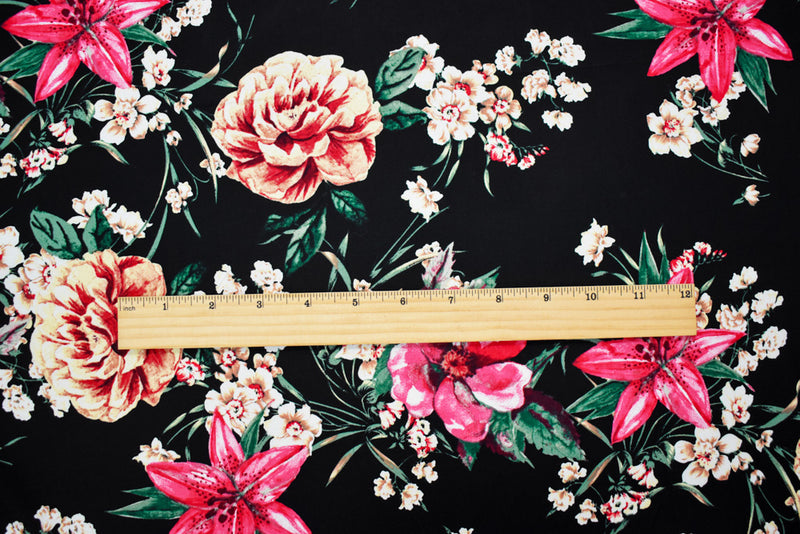 Black-Pink-Beige Cotton Stretch Spandex Floral Print Poplin Woven Fabric