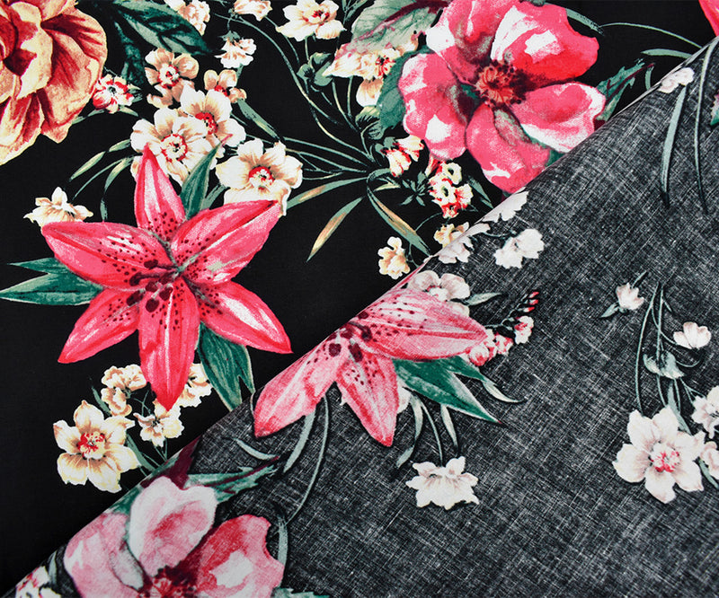 Black-Pink-Beige Cotton Stretch Spandex Floral Print Poplin Woven Fabric