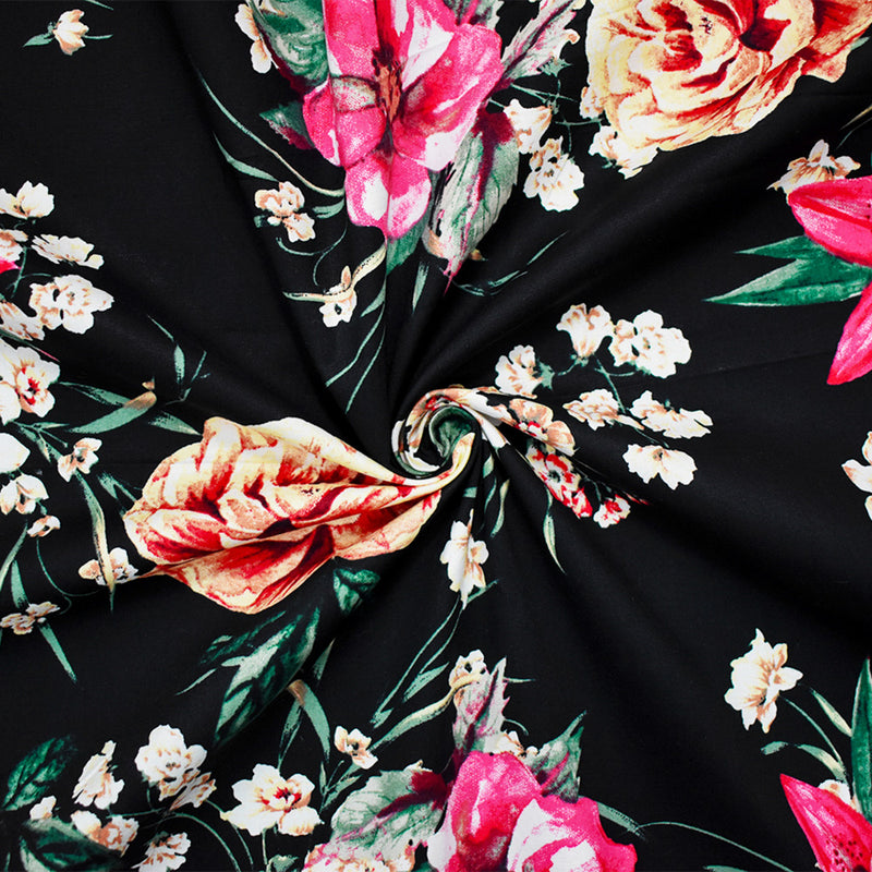 Black-Pink-Beige Cotton Stretch Spandex Floral Print Poplin Woven Fabric