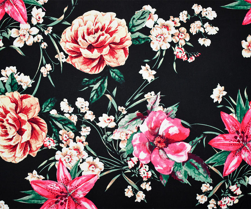 Black-Pink-Beige Cotton Stretch Spandex Floral Print Poplin Woven Fabric