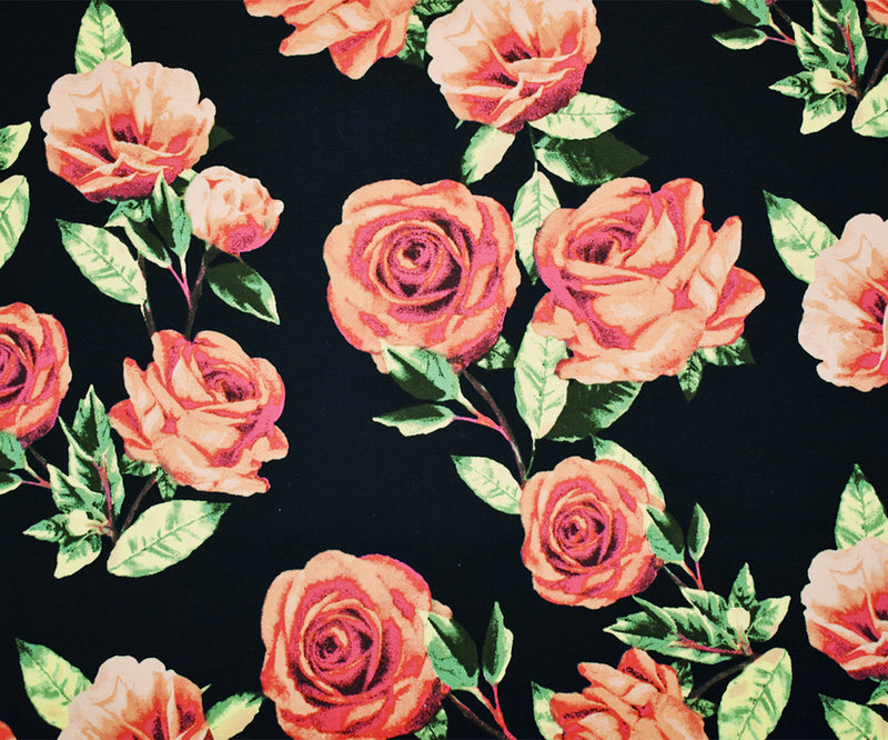 Black-Orange-Multi Cotton Stretch Spandex Floral Print Poplin Woven Fabric
