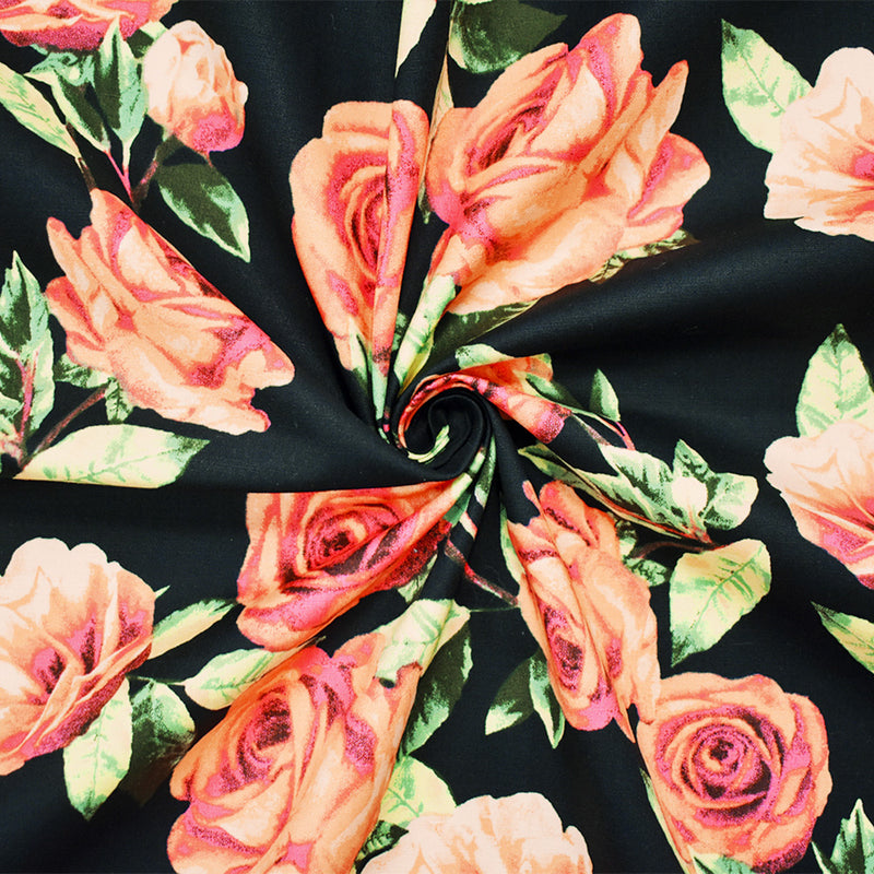 Black-Orange-Multi Cotton Stretch Spandex Floral Print Poplin Woven Fabric