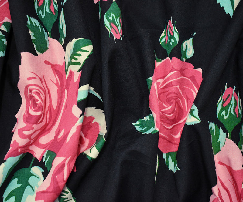 Black-Pink-Green Cotton Stretch Spandex Floral Printed Poplin Woven Fabric