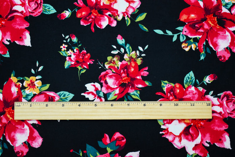 Black-Red-Green Cotton Stretch Spandex Floral Printed Poplin Woven Fabric