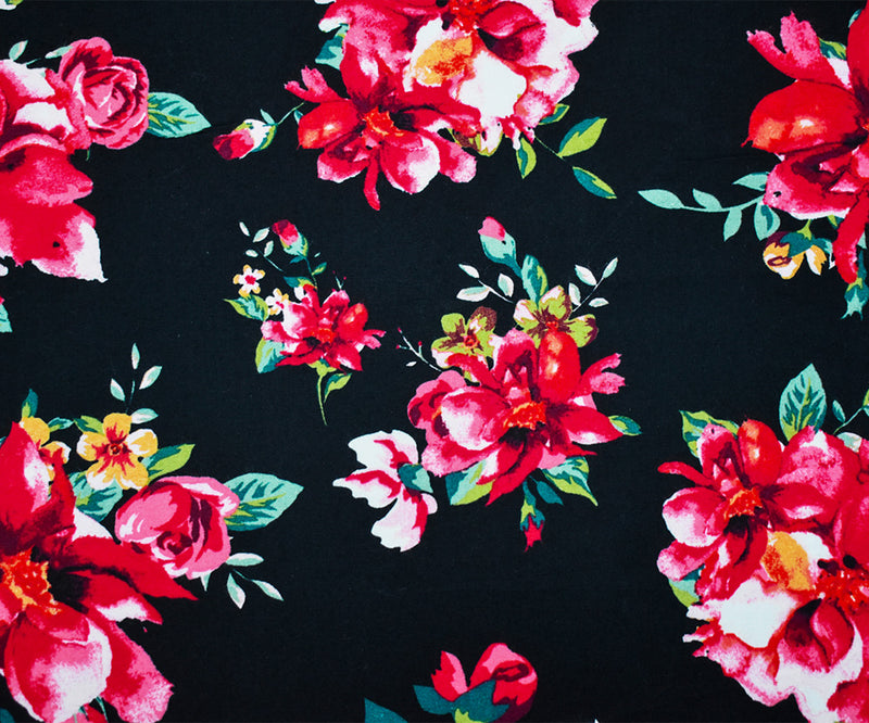 Black-Red-Green Cotton Stretch Spandex Floral Printed Poplin Woven Fabric