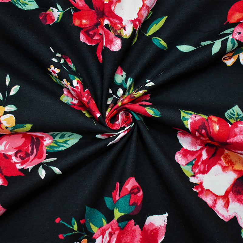 Black-Red-Green Cotton Stretch Spandex Floral Printed Poplin Woven Fabric