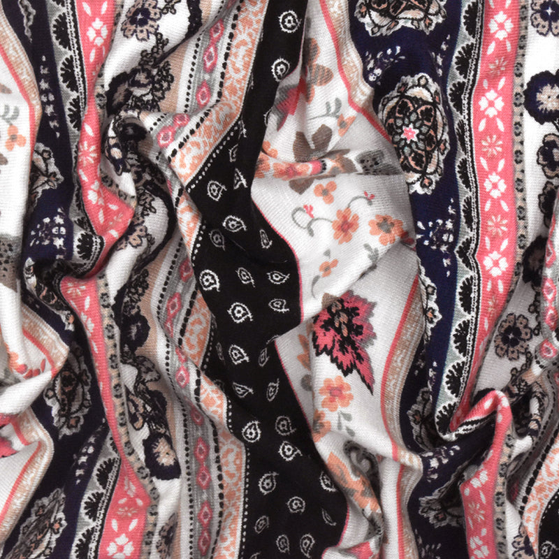 Navy Blue-Ivory-Multi Mix Pattern Printed Rayon Stretch Jersey Knit Fabric