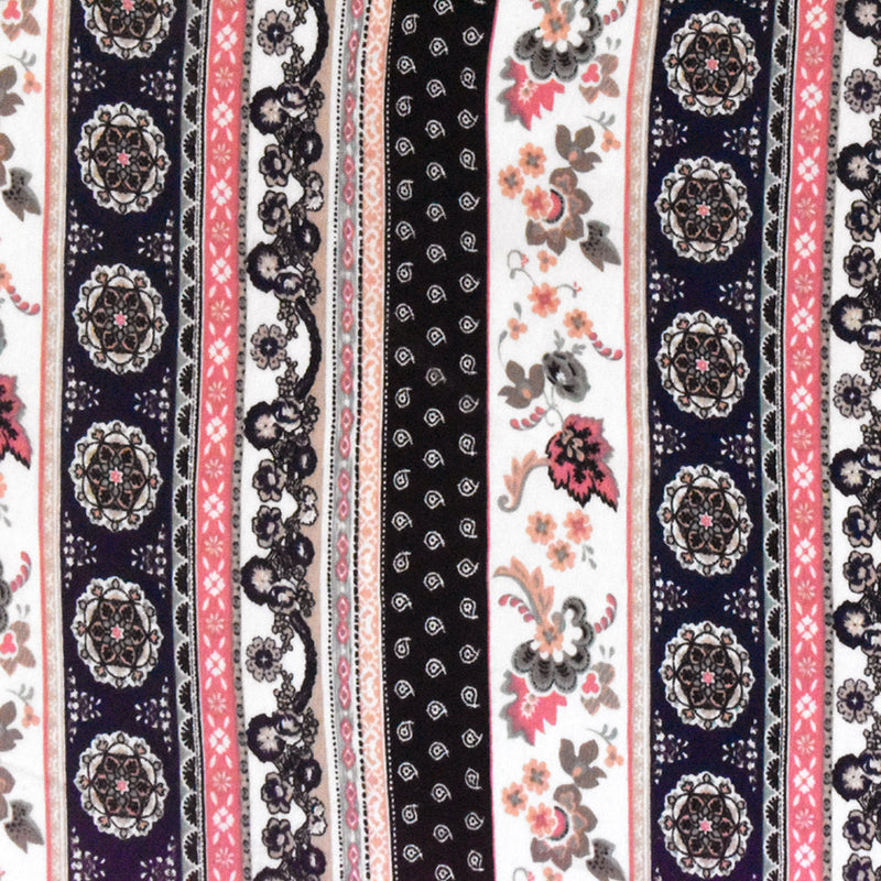 Navy Blue-Ivory-Multi Mix Pattern Printed Rayon Stretch Jersey Knit Fabric