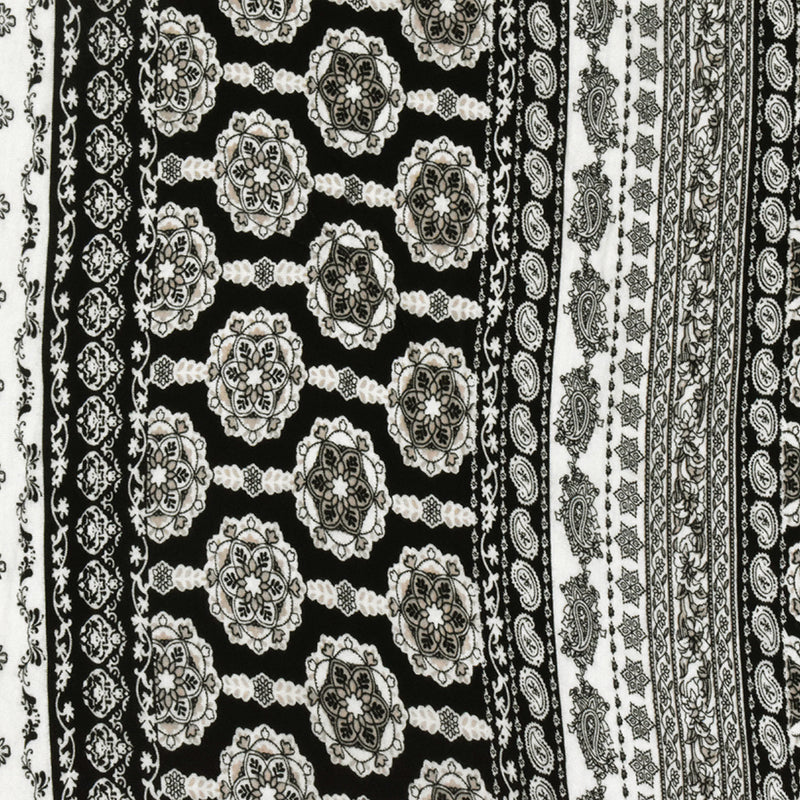Ivory-Black-Beige Mix Pattern Printed Rayon Stretch Jersey Knit Fabric
