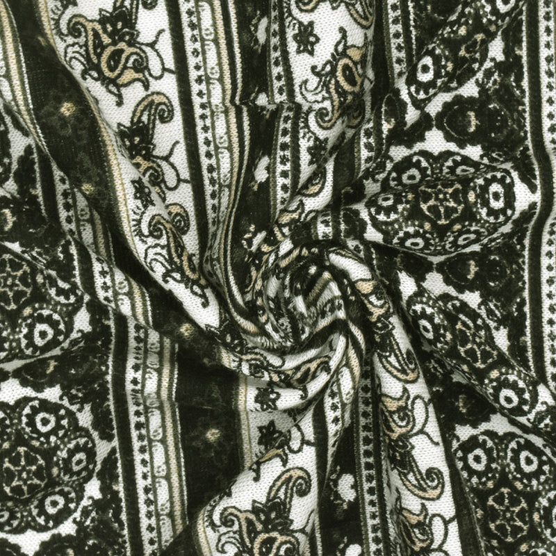 Black-Multi Mixed Pattern Stripe Printed Rayon Stretch Jersey Knit Fabric