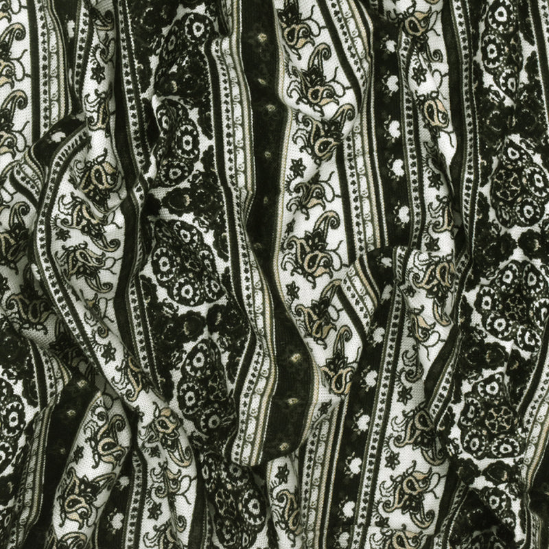 Black-Multi Mixed Pattern Stripe Printed Rayon Stretch Jersey Knit Fabric