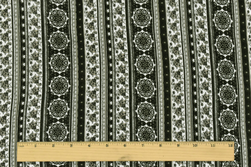 Black-Multi Mixed Pattern Stripe Printed Rayon Stretch Jersey Knit Fabric