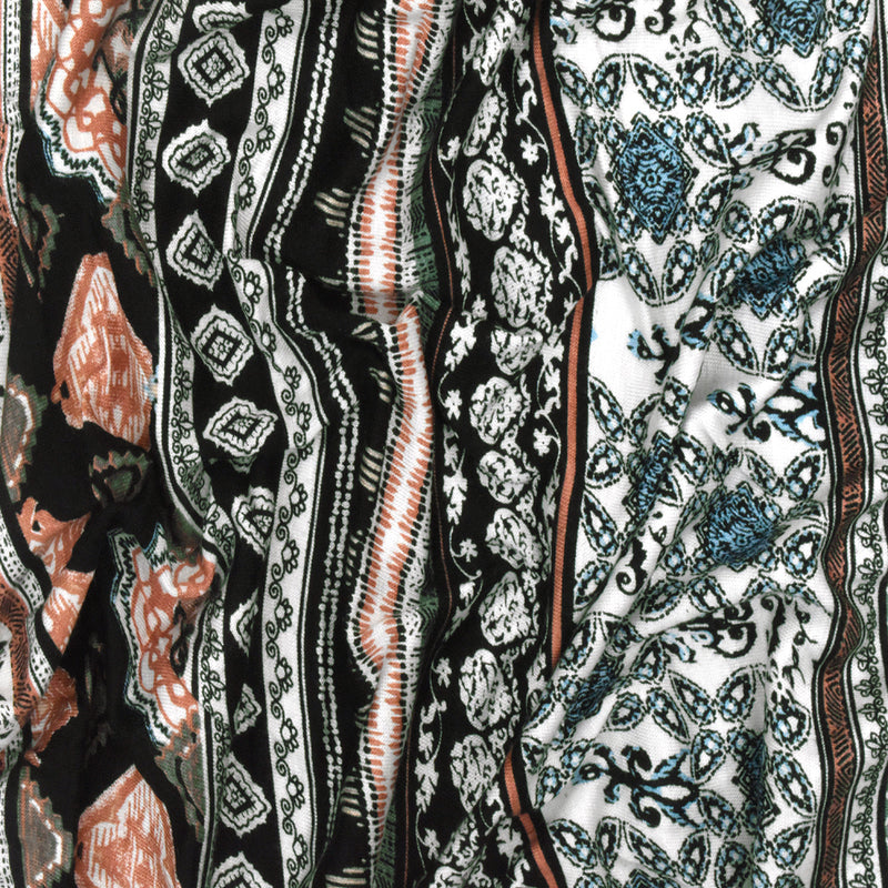 Black-Green-Multi Moroccan Stripe Printed Rayon Stretch Jersey Knit Fabric