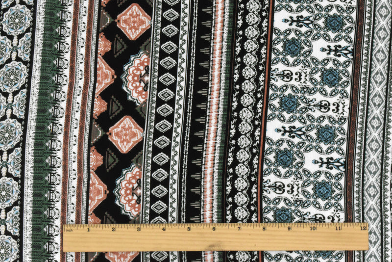 Black-Green-Multi Moroccan Stripe Printed Rayon Stretch Jersey Knit Fabric