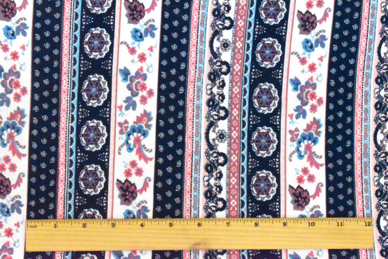 Navy Blue-White-Multi Moroccan Stripe Printed Rayon Stretch Jersey Knit Fabric