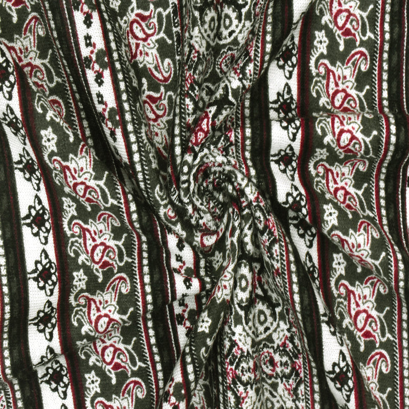 Olive-Multi Mix Pattern Stripe Printed Rayon Stretch Jersey Knit Fabric
