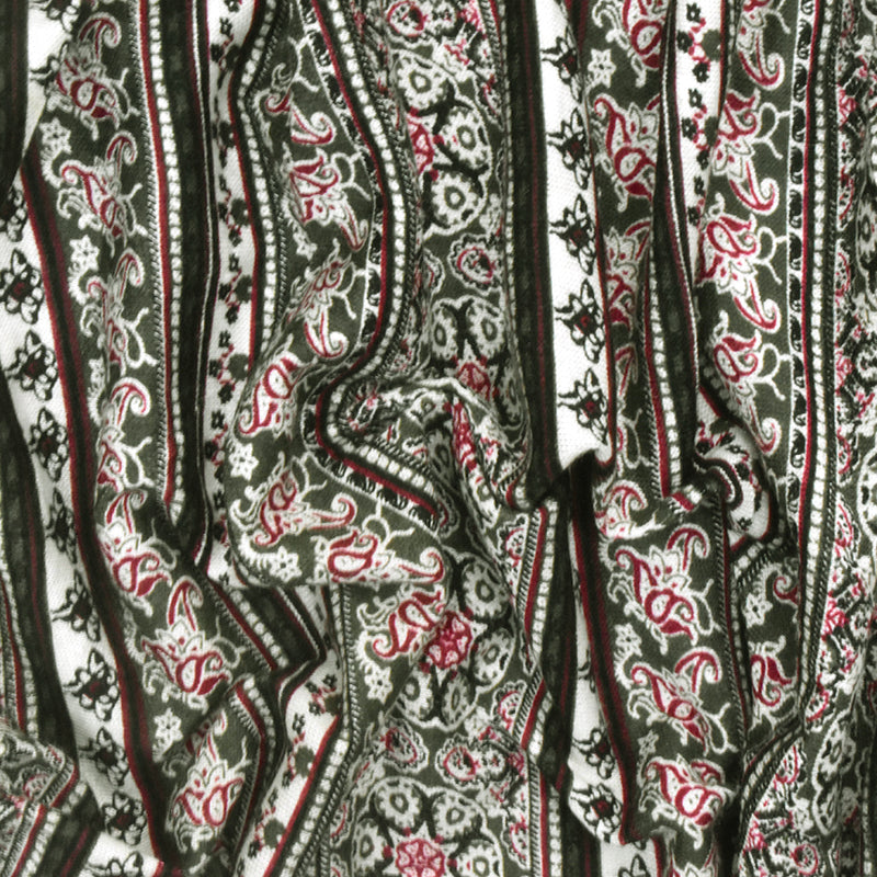 Olive-Multi Mix Pattern Stripe Printed Rayon Stretch Jersey Knit Fabric