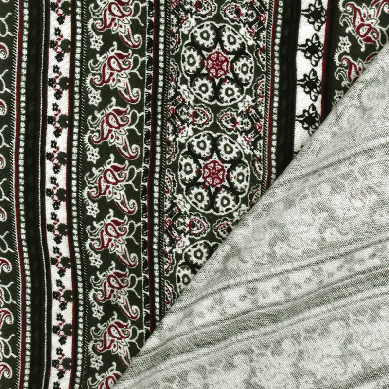 Olive-Multi Mix Pattern Stripe Printed Rayon Stretch Jersey Knit Fabric