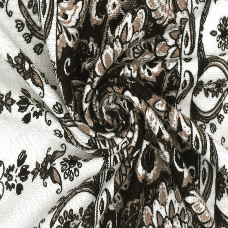 White-Taupe-Black Striped Floral Printed Rayon Stretch Jersey Knit Fabric