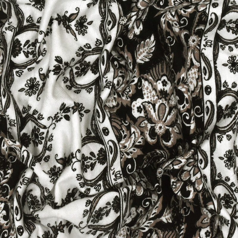 White-Taupe-Black Striped Floral Printed Rayon Stretch Jersey Knit Fabric