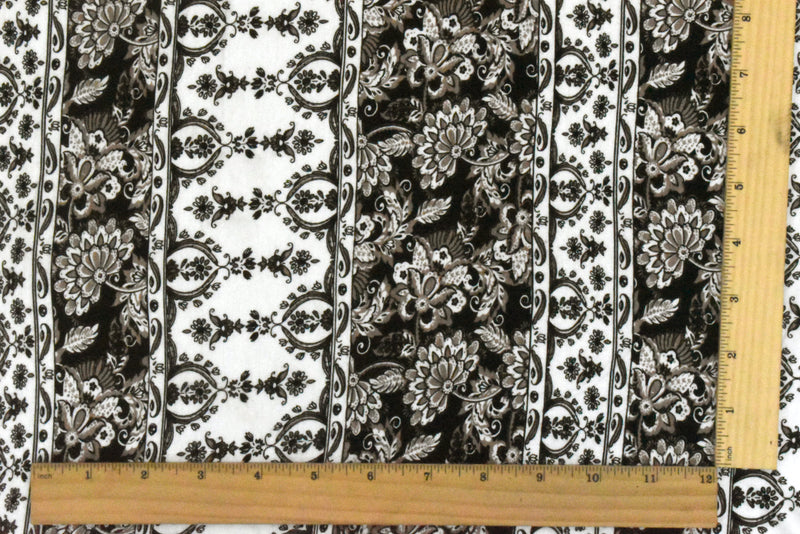 White-Taupe-Black Striped Floral Printed Rayon Stretch Jersey Knit Fabric