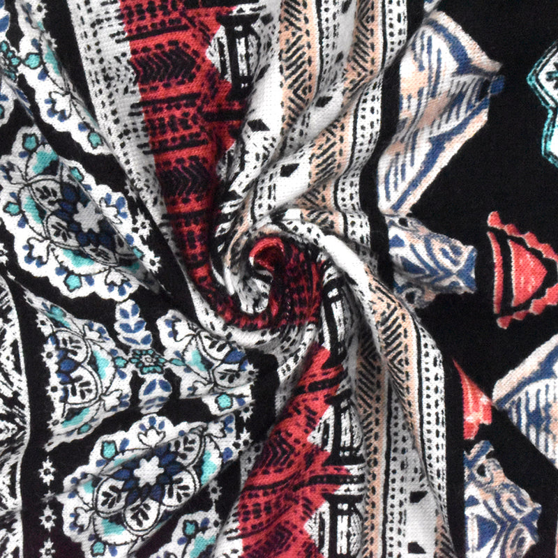 Red-Multi Striped Mixed Pattern Print Slub Rayon Stretch Jersey Knit Fabric