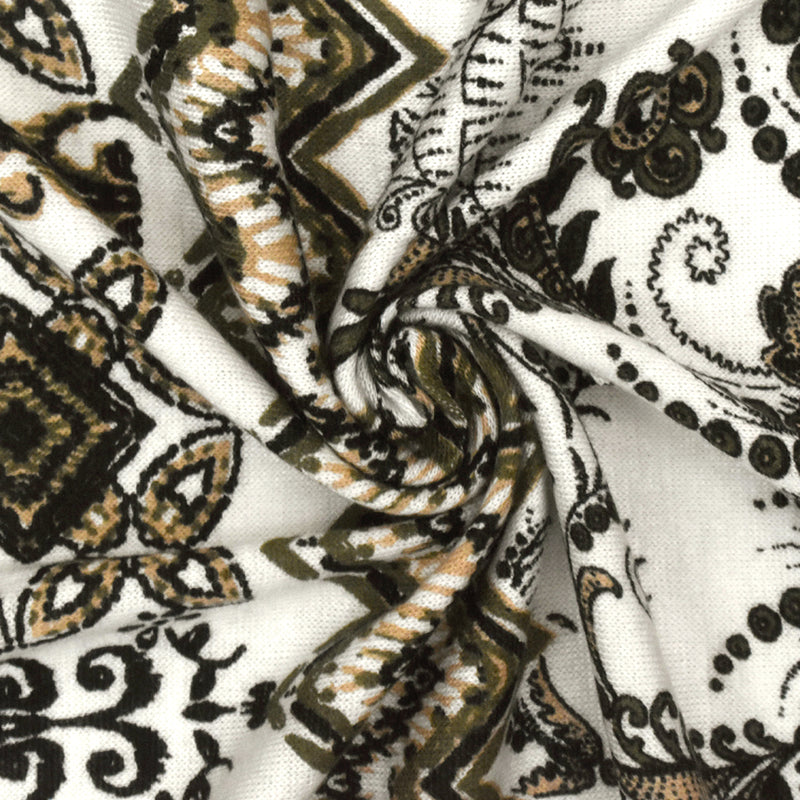 Ivory-Multi Baroque Chevron Printed Slub Rayon Stretch Jersey Knit Fabric