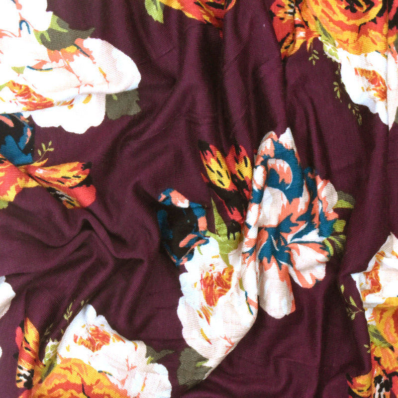 Maroon Red-Orange-Multi Floral Printed Rayon Stretch Jersey Knit Fabric